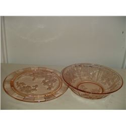 2 pieces pink depression glass cake plate and serving bowl