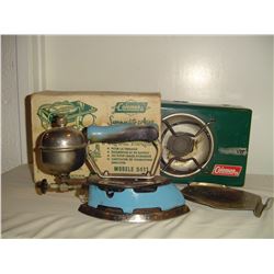 blue coleman iron and single burner camp stove in original box