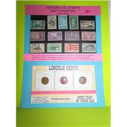 13 Historic U.S. Stamps Mint condition and 3-90 year old U.S Lincoln one cent