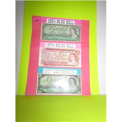 Canadian Bank Notes 1954- $1.00/ 1974- $2.00/ 1967 Centennial Year- $1.00