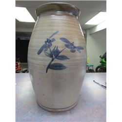 16" tall crock with handle and blue design