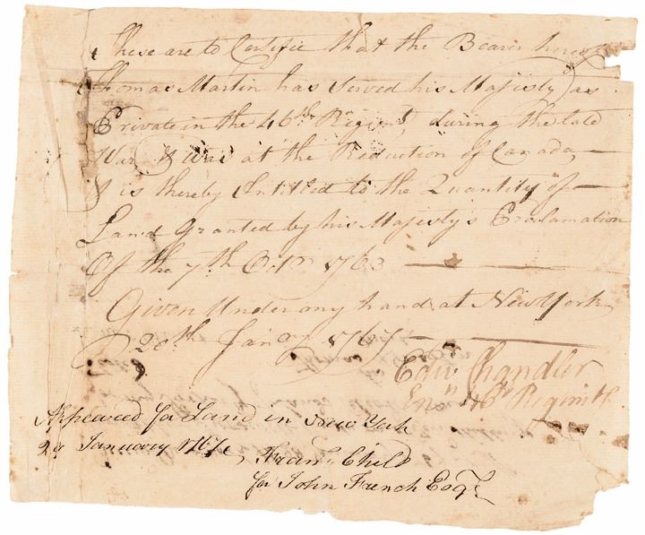 1764 French and Indian War Document Land Grant New York