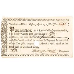 1786 Massachusetts Treasurer's Office Tax Certificate Anderson MA-37