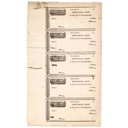 (1830-40) Full Uncut Sheet of Five Schuylkill Bank, Philadelphia, Checks Rare