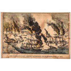 1862 Currier + Ives Colored Print: COM. FARRAGUT'S FLEET,... APRIL 24TH 1862