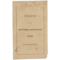1853 Original Charter BUTCHERS AND DROVERS BANK Providence, Rhode Island