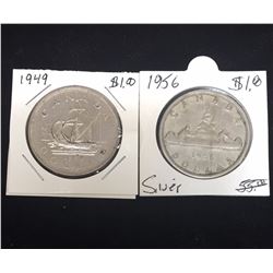 Lot of 2 - $1 Canada Silver Dollars, 1949, 1956