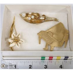 SET OF 3 VINTAGE BROOCHES SIGNED, BOUCHER FLOWER