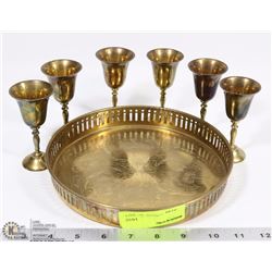 BRASS SERVING TRAY WITH 6 MINI GOBLETS