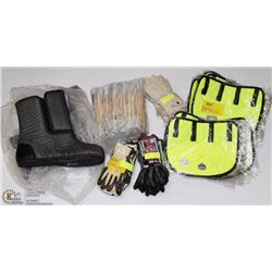 BOX WITH HI-VIZ HARD HAT NECK SHADES, BOOT LINERS