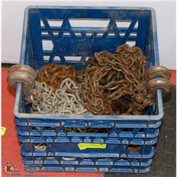 BLUE CRATE WITH SEVERAL LARGE CHAINS
