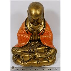 CERAMIC BRASS & ORANGE COLOR PRAYING MONK FIGURE.