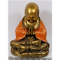 CERAMIC BRASS & ORANGE COLOR PRAYING MONK FIGURE