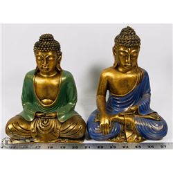 PAIR OF CERAMIC BLUE, GREEN & BRASS COLOR PRAYING