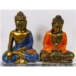PAIR OF CERAMIC BLUE, ORANGE & BRASS COLOR PRAYING