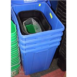 STACK OF ASSORTED RECYCLE AND GARBAGE BINS
