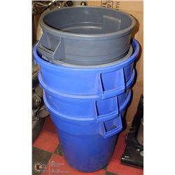 STACK OF GARBAGE AND RECYCLE BINS