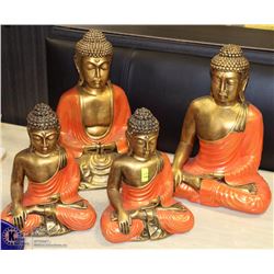 GROUP OF 4  WOOD GOLD AND ORANGE BUDDHA ORNAMENTS