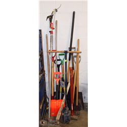 LARGE ASSORTMENT OF YARD TOOLS, PRUNER, POST