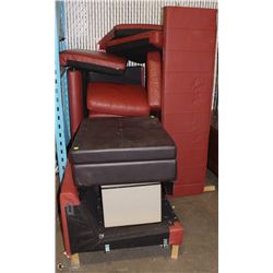 RED LEATHERETTE SECTIONAL SOLD WITH BROWN OTTOMAN