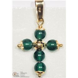 27) 10K YELLOW GOLD AVENTURINE BEAD CROSS PENDANT