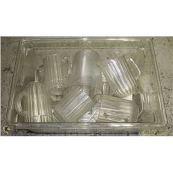 CRATE OF WATER JUGS & MEASURING CUPS