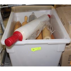 LARGE TOTE OF ROLLING PINS AND STRETCH WRAP WAND