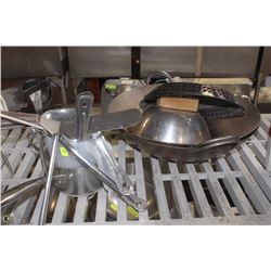 ASSORTED KITCHEN LOT INCLUDES WOKS, SPOONS, SMALL