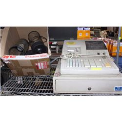 SHELF WITH CASH REGISTER & BOX OF LIGHTS