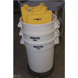 3 BRUTE GARBAGE CANS WITH 8 CAUTION WET FLOOR SIGN