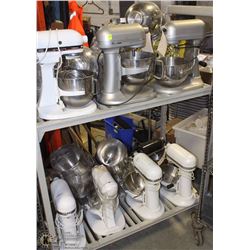 ENTIRE RACK OF KITCHEN AID MIXERS, ACCESSORIES,