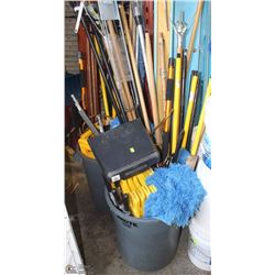 GARBAGE CAN FULL OF ASSORTED WET FLOOR SIGNS, MOPS