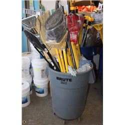 ROLLING GARBAGE PAIL FULL OF JANITORIAL ITEMS, NEW