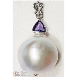 37) 14K WHITE GOLD PEARL & PURPLE SAPPHIRE PENDANT
