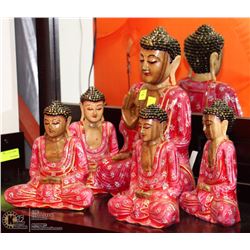 GROUP OF 5 WOOD CARVED PINK BUDDHA ORNAMENTS