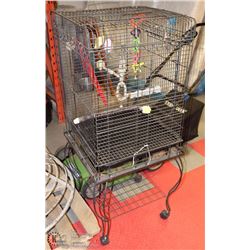 METAL BIRD CAGE ON STAND W/ TOYS, BOWLS & OTHER