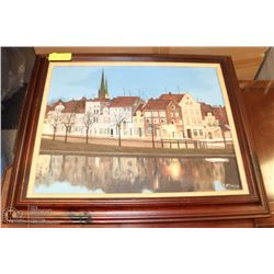 WOOD FRAMED OIL ON CANVAS BUILDING PICTURE