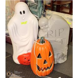 3 HALLOWEEN DISPLAY FIGURES - GRAVESTONE, GHOST &