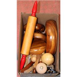 BOX OF WOOD KITCHEN ITEMS