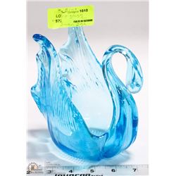 BLUE ART GLASS SWAN DISH