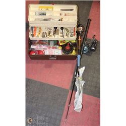 TACKLE BOX WITH CONTENTS AND 3 FISHING RODS