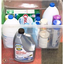 TOTE OF CLEANING SUPPLIES INCL. LARGE BOTTLE