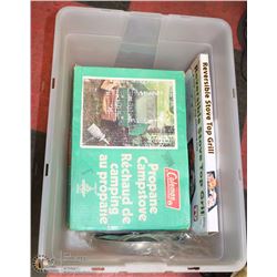 TOTE WITH COLEMAN CAMP STOVE ETC
