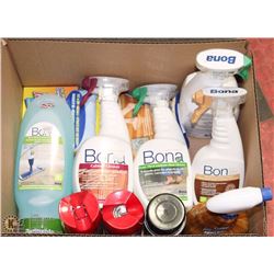 BOX OF ASST. CLEANING SUPPLIES, SOME NEW