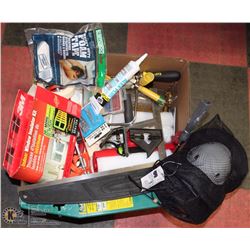 LARGE BOX OF ASSORTED TOOLS AND SUPPLIES