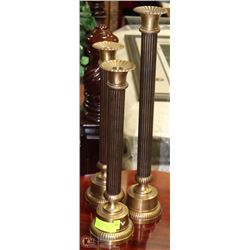 LOT OF 3 BRASS TONE SHOW HOME CANDLESTICKS, 22" -