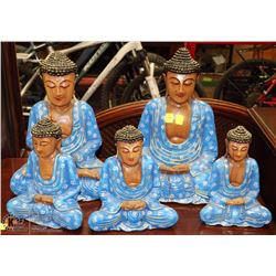 GROUP OF 5 WOOD CARVED BLUE BUDDHA ORNAMENTS