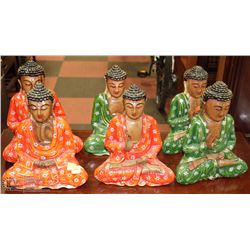 GROUP OF 6 WOOD CARVED ORANGE AND GREEN BUDDHA