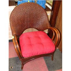WICKER LOUNGE CHAIR WITH CUSHION.