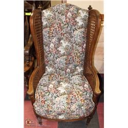WOOD AND FABRIC WINGBACK CHAIR